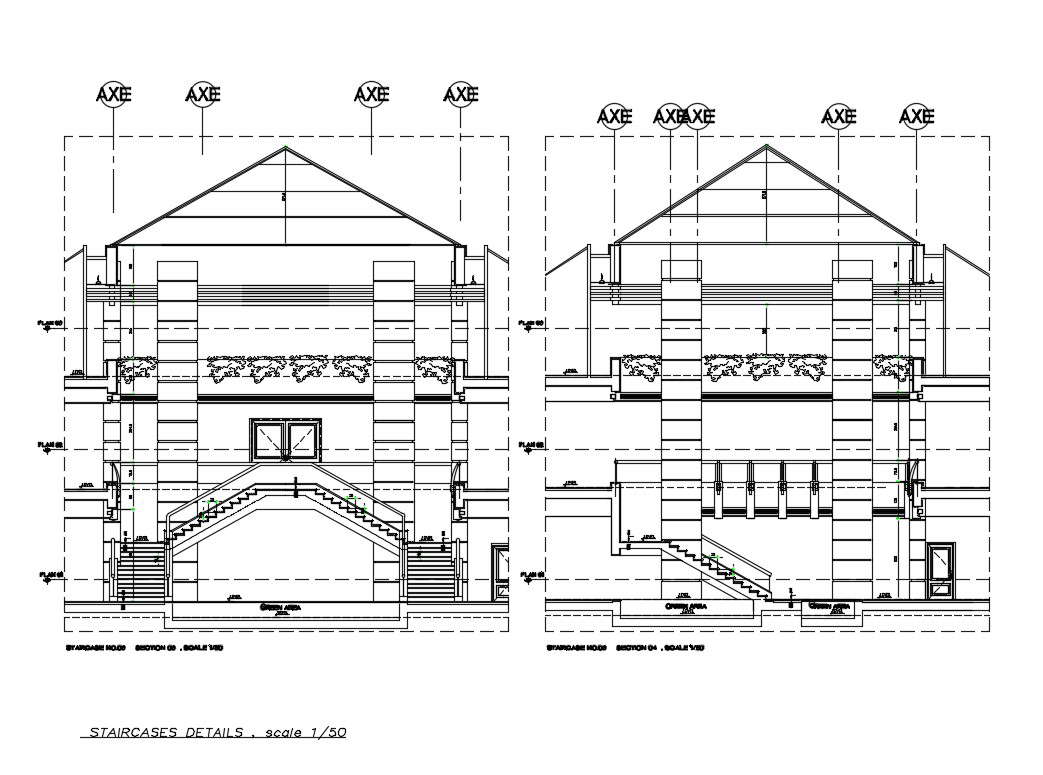 Corporate building facade and back section cad drawing details dwg file