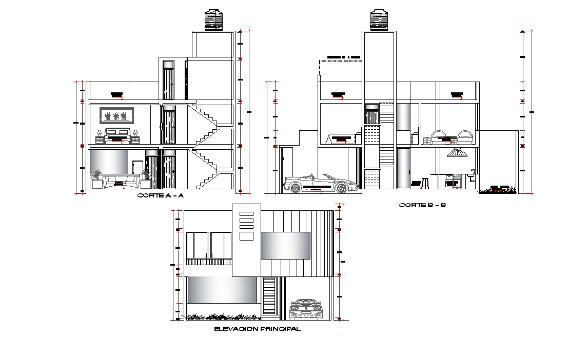 Corte and elevacion principal of duplex house details are given in this 2D Autocad DWG drawing file. Download the 2D Autocad DWG drawing file.