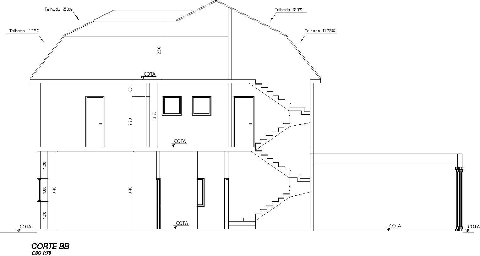 Cross section BB of house plan with detailing