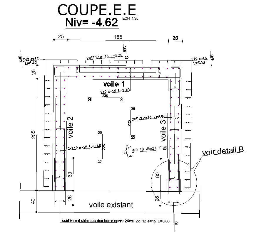 Cross section E of structure with reinforcement details in AutoCAD 2D drawing, CAD file, dwg file