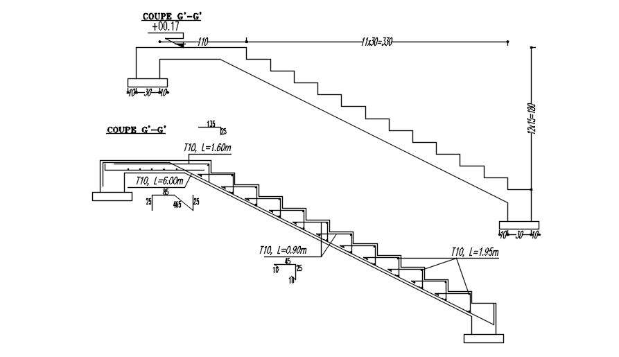 Cross section G of the stair with reinforcement details in AutoCAD 2D drawing, CAD file, dwg file