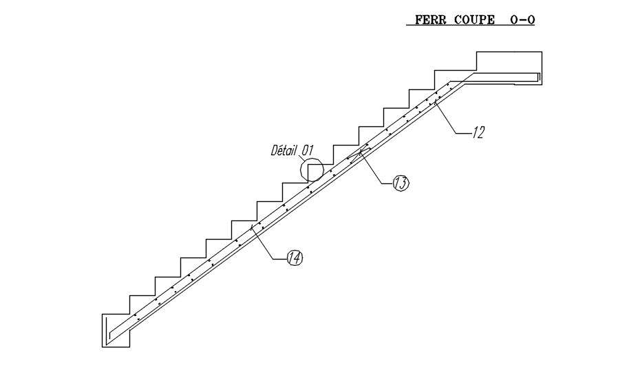 Cross section O-O of the staircase with reinforcement details in AutoCAD 2D drawing, CAD file, dwg file