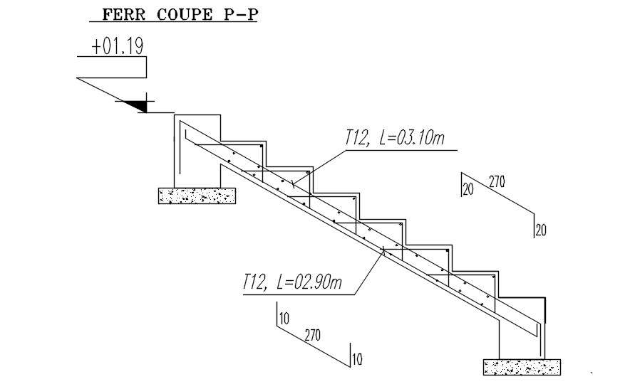 Cross section P-P of the staircase with reinforcement details in AutoCAD 2D drawing, CAD file, dwg file