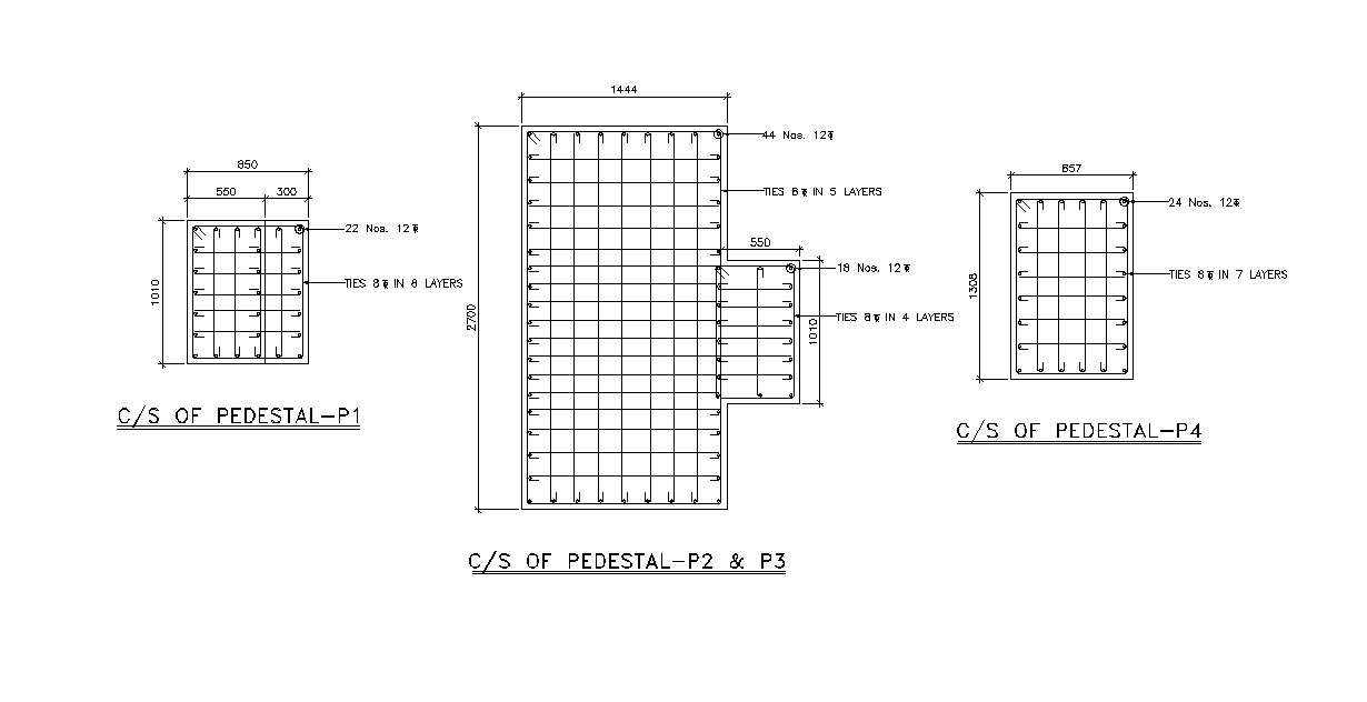 Cross sections of pedestal details are given in this 2D Autocad DWG drawing file.  Download the 2D Autocad DWG drawing file.  