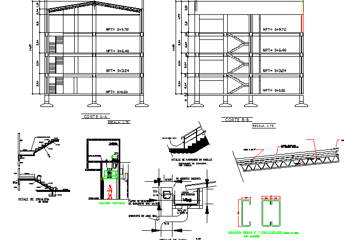 Cut sectional view with staircase construction details of office building dwg file