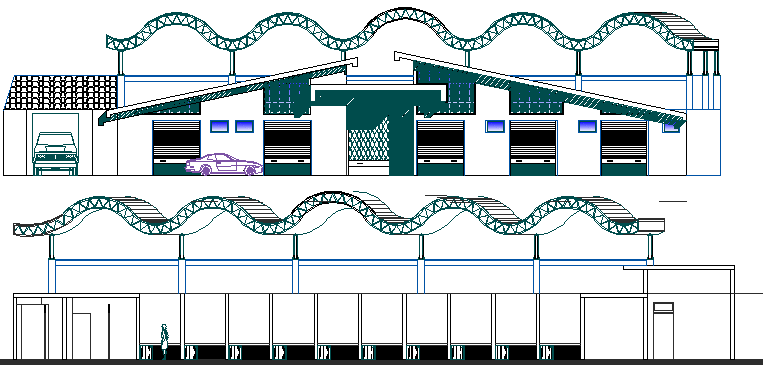 Cut side elevation view details of central shopping center dwg file