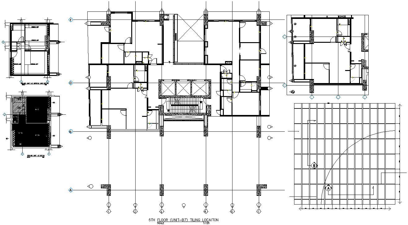 DWG file showing the details of the fifth-floor unit house floor plan and tiling details with glass balustrade unit is given in this drawing file