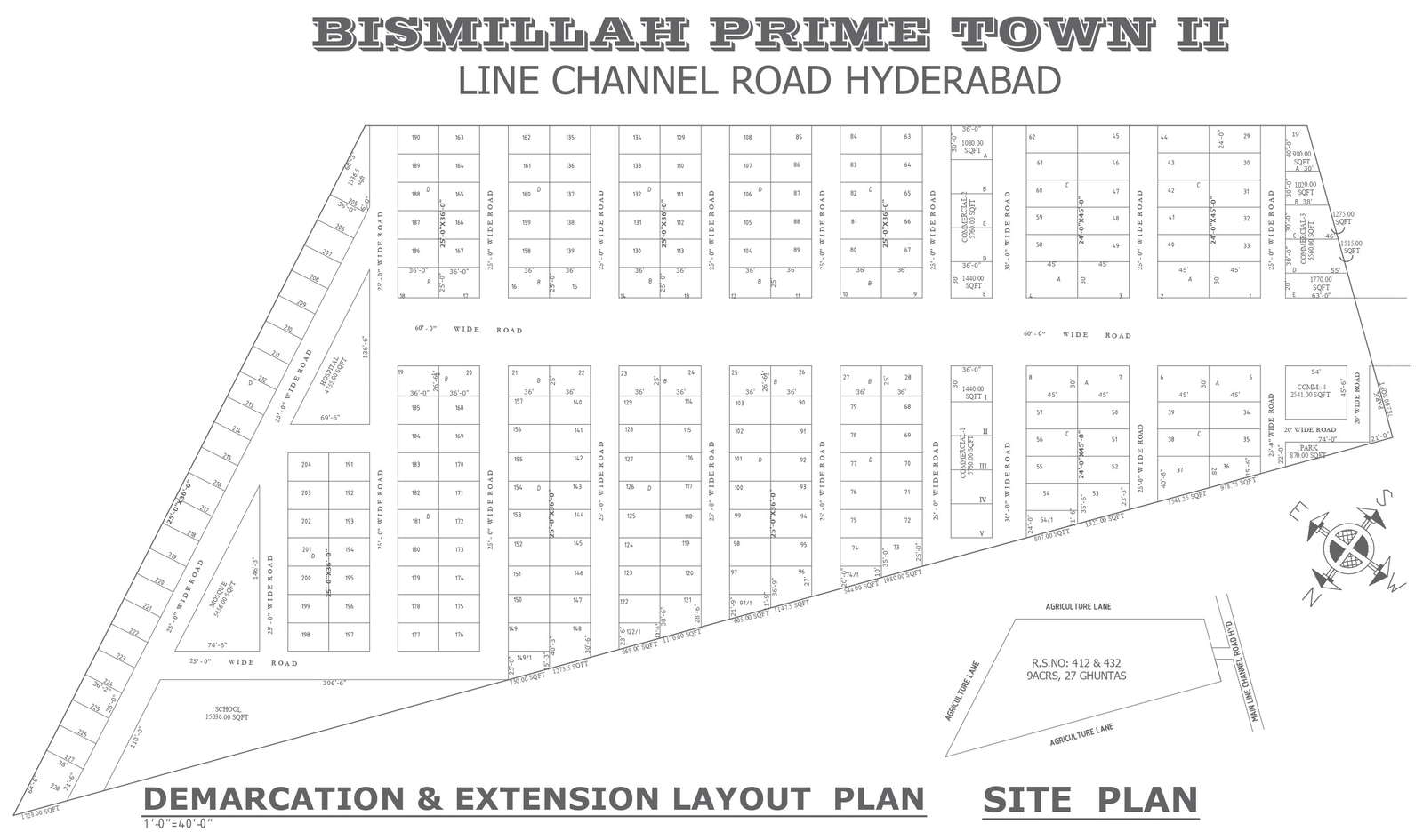 Demarcation and extension layout planning in 9 acer 27 ghuntas plot in scale DWG AutoCAD drawing