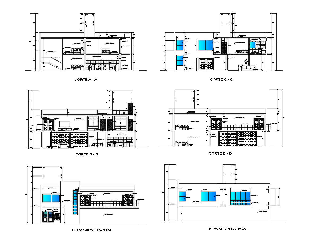 Design of 2 storey house with elevation and section in dwg file