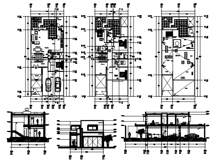 Design of House plan with section and elevation in AutoCAD
