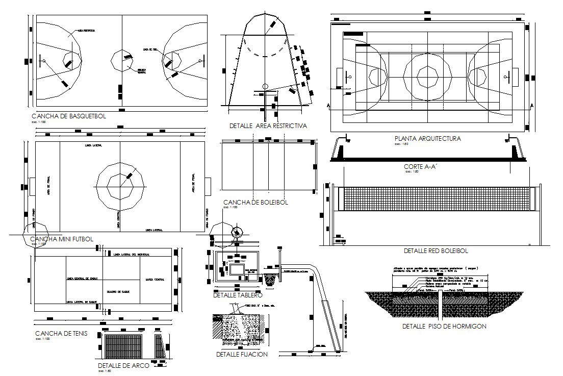 Detail Construction drawing of basketball court in dwg file