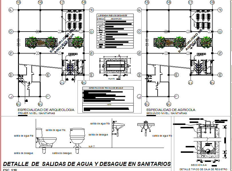 Detail drawing of water outputs and drainage in sanitary. 