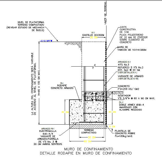 Detail of base board for retaining wall dwg file
