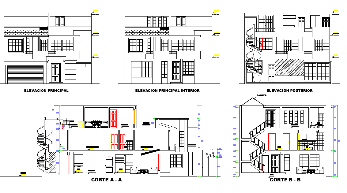 Detail of elevation and section home plan layout file