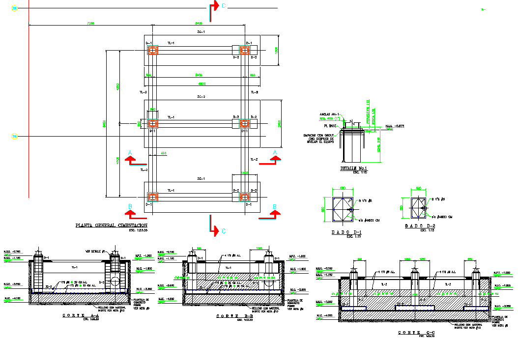Detail of foundation and section plan dwg file