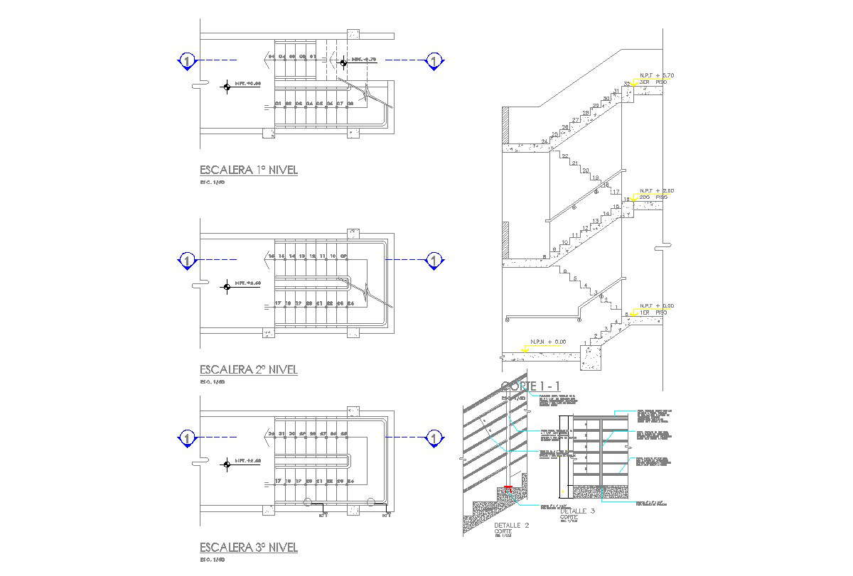 Detail of stair and railing design and detail in autocad dwg files