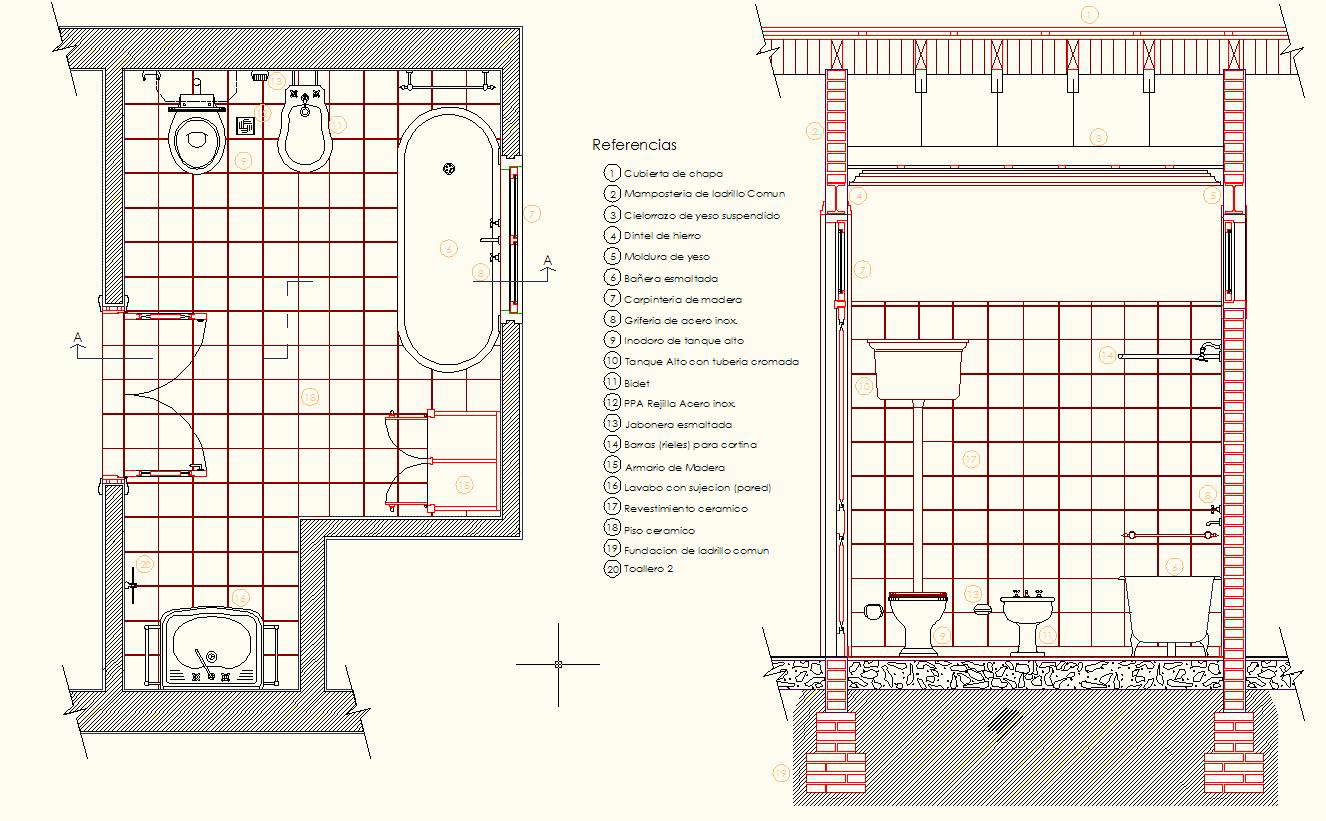 Detail section antique bathroom design drawing