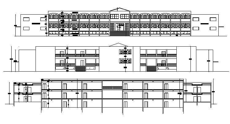 Detailed elevation and sectional view of primary school building dwg file