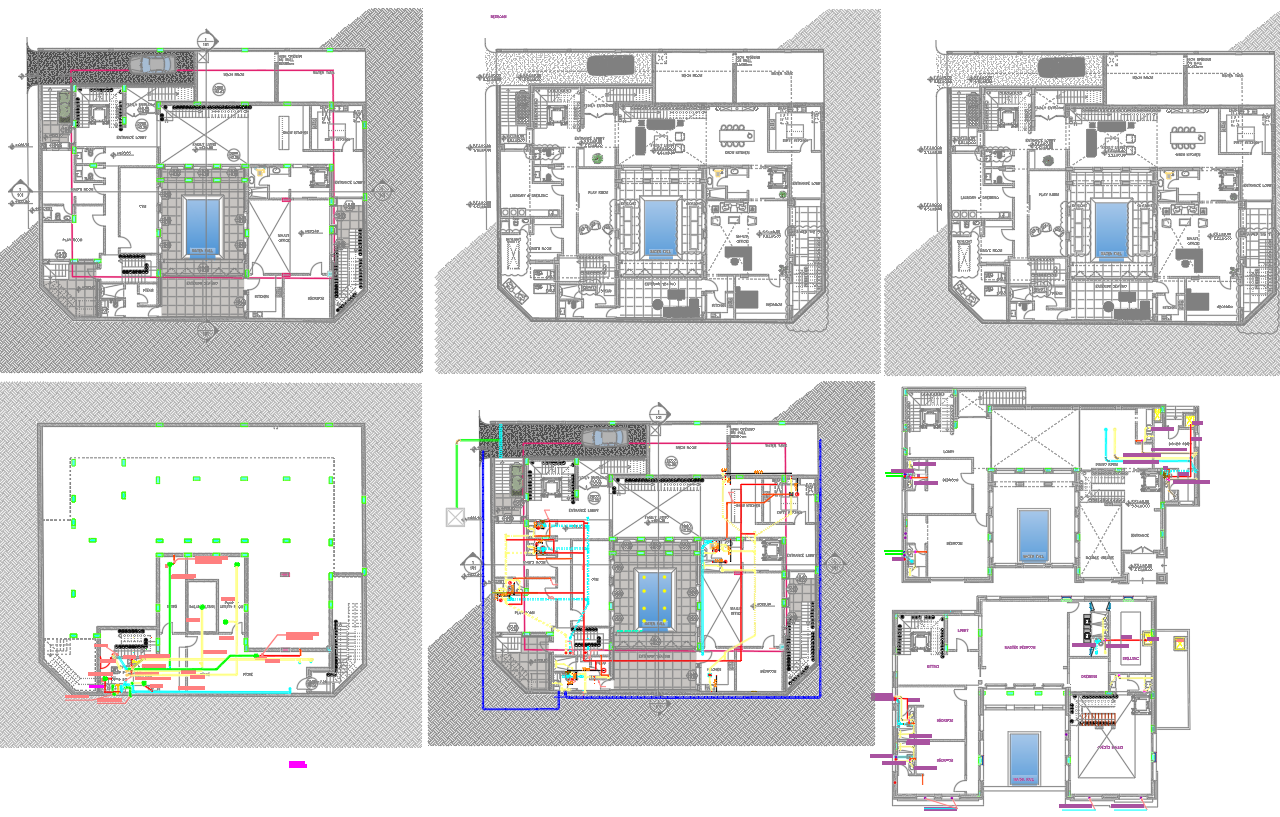 Detailed Multi-Level Building Floor Plan Layouts