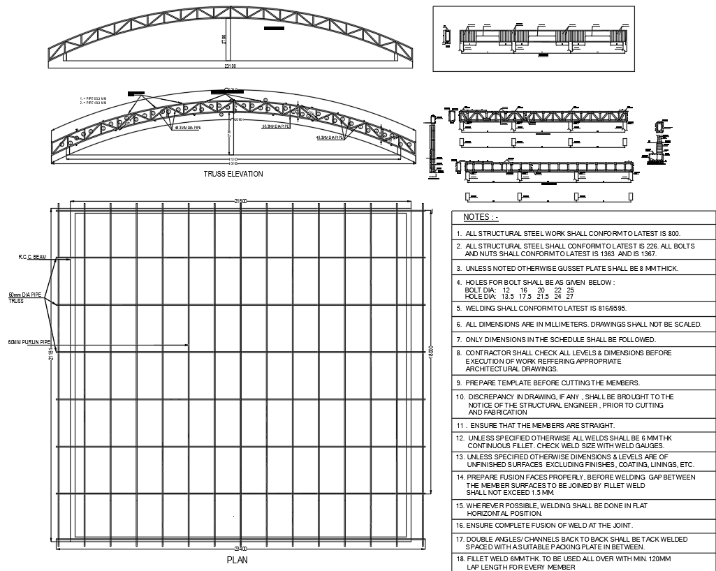 Detailed Structural Steel Truss Drawing with Notes
