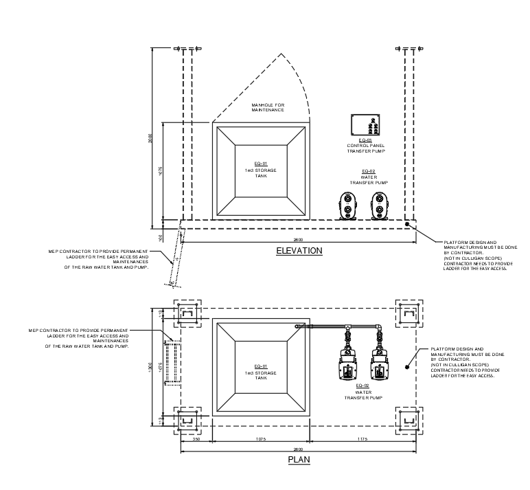 Detailed Water Transfer pump System of Elevation in plan AutoCAD DWG Drawing 