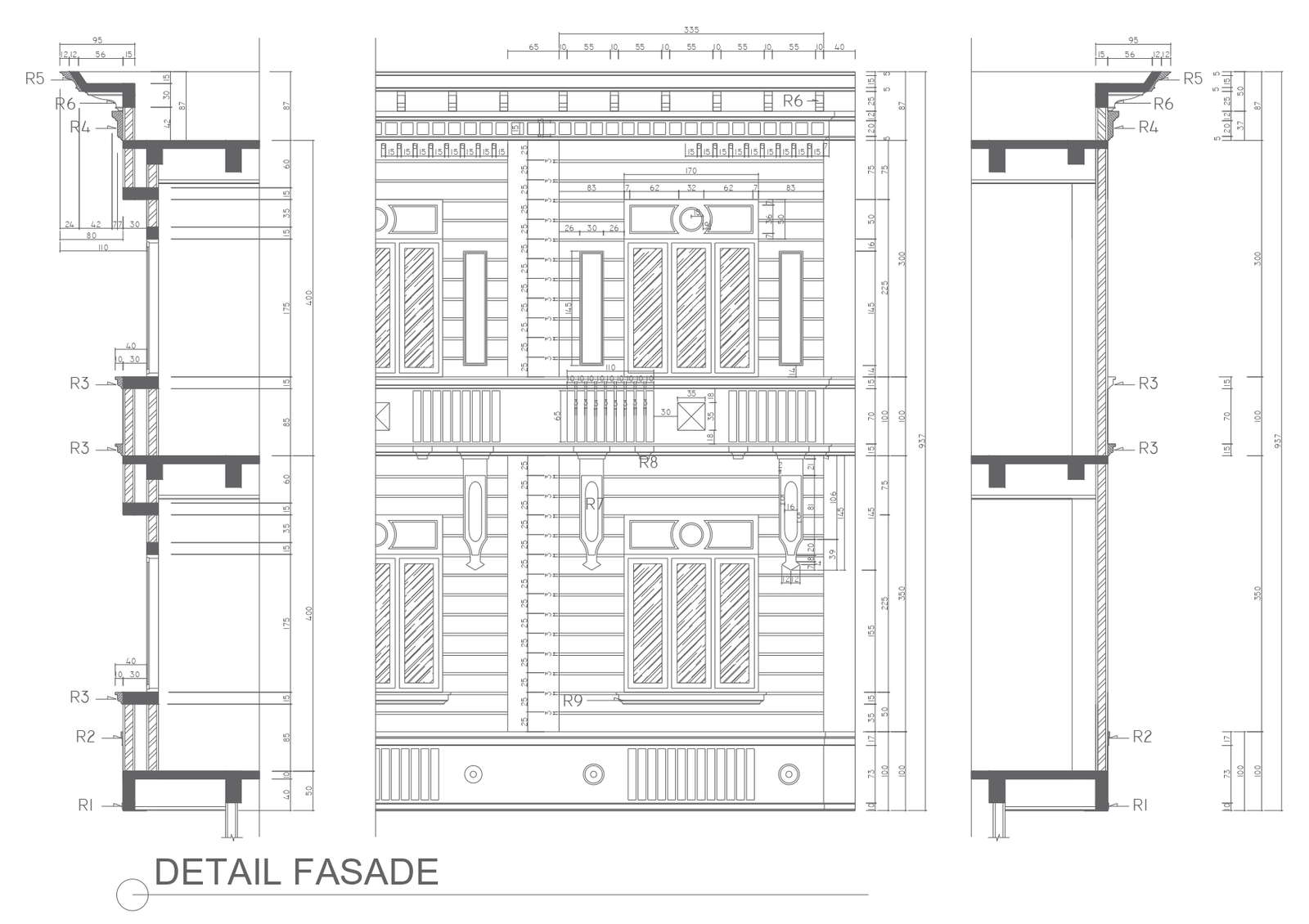 Detailed facade design for hotel and restaurant design dwg autocad drawing .