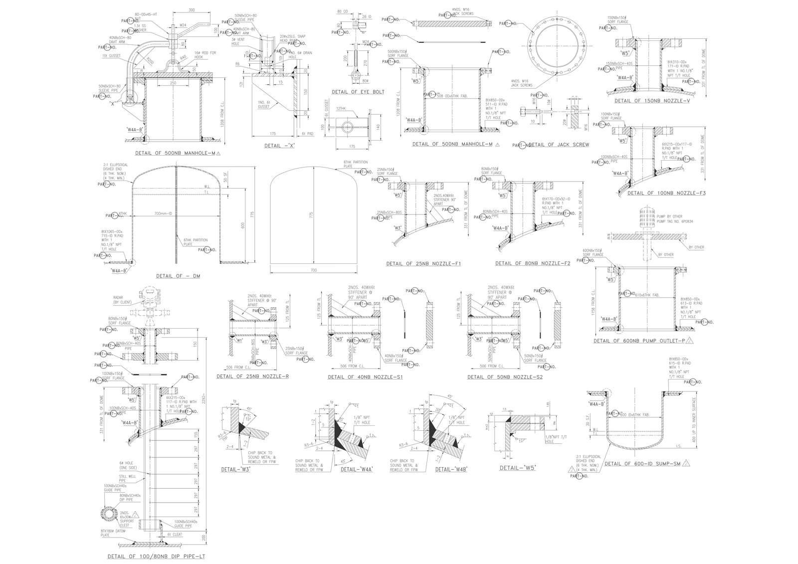 Detail of Manhole and Jackscrew with 25 NB 40NB 50NB 100NB 150NB 600NB Nozzle DWG AutoCAD file