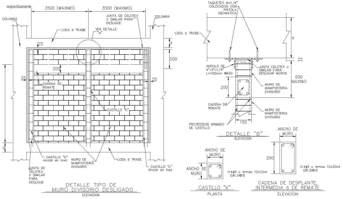 Detail of division wall plan section and elevation DWG autoCAD drawing