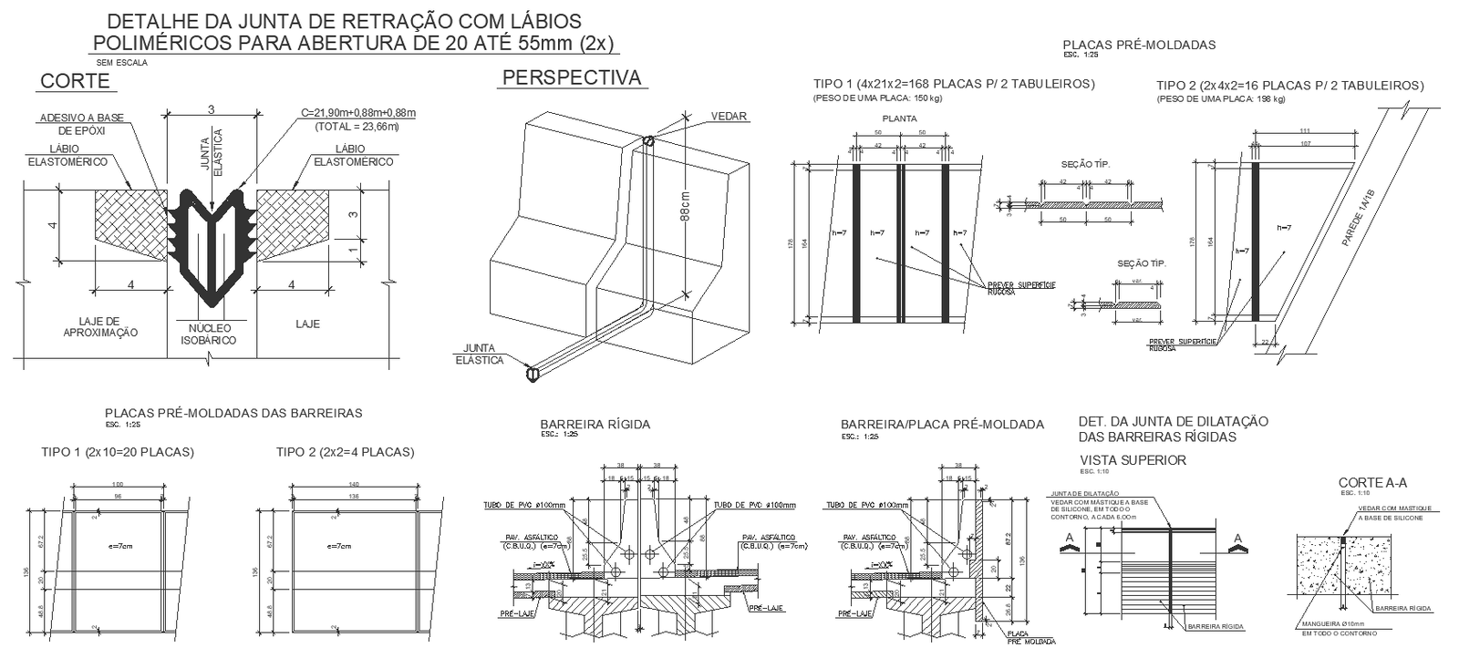 Detail of the retraction joint with polymetric lips for opening from 20 to 55 mm detailed DWG autoCAD drawing
