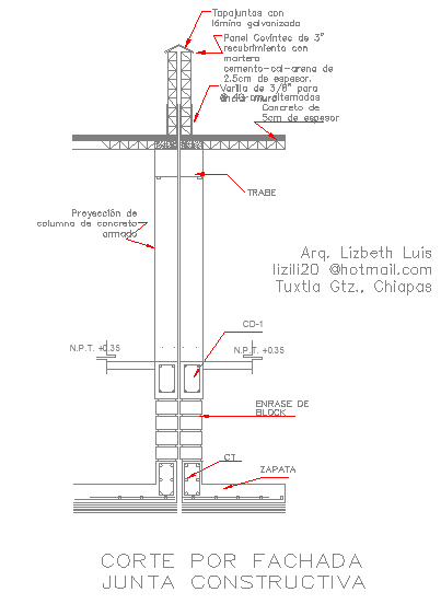 Details of section by facade in constructive joint
