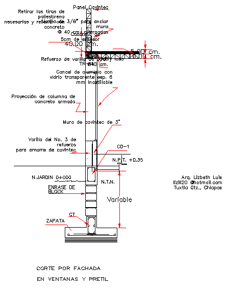 Details of section for facade at window railing