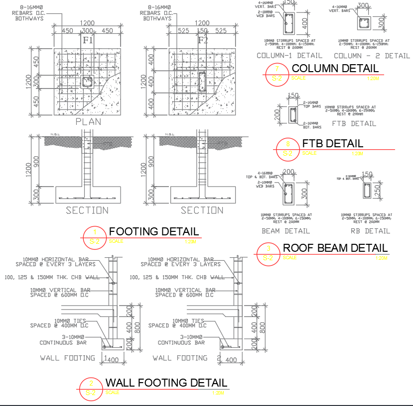 Details of footing tie beam and column drawing in AutoCAD dwg file . 