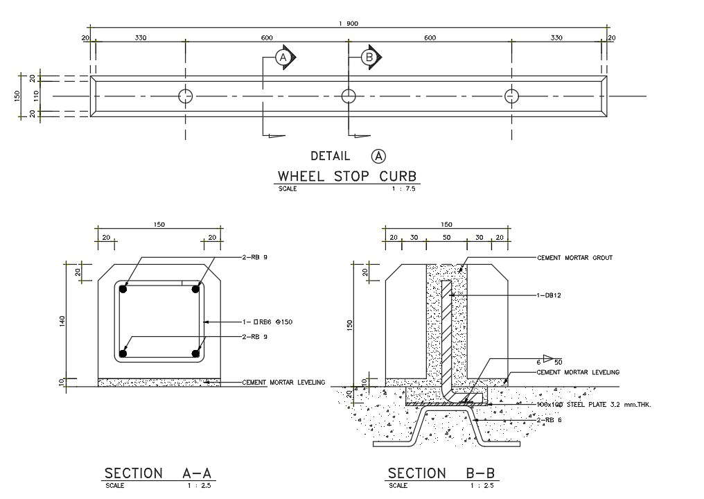 Details of wheel stop curb in this drawing file. Download the Autocad DWG drawing file.