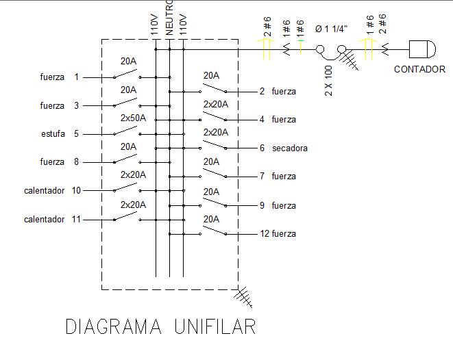 Diagram unifilar chart view of house dwg file