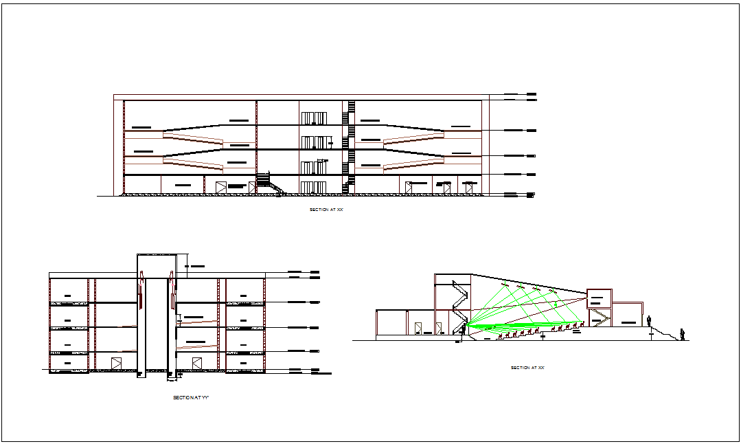 Different axis section view of museum dwg file