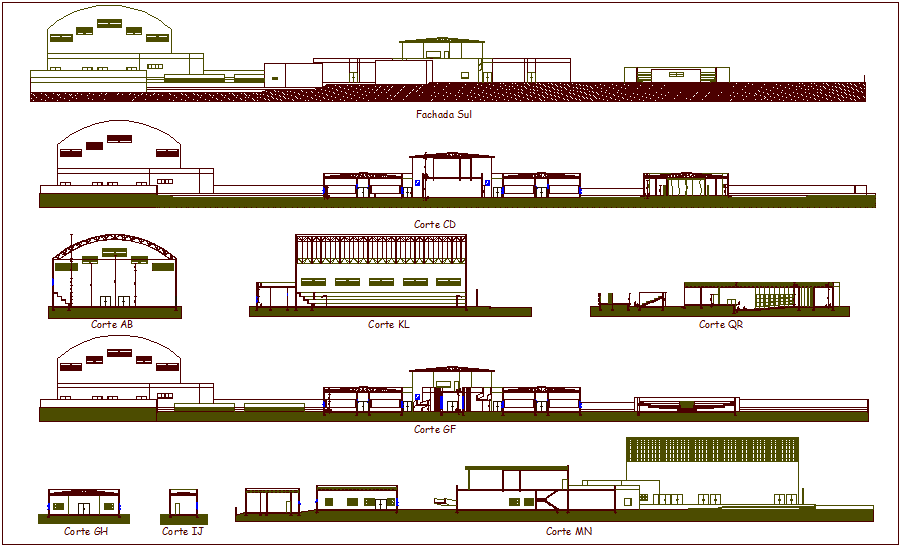 Different axis section view of school dwg file