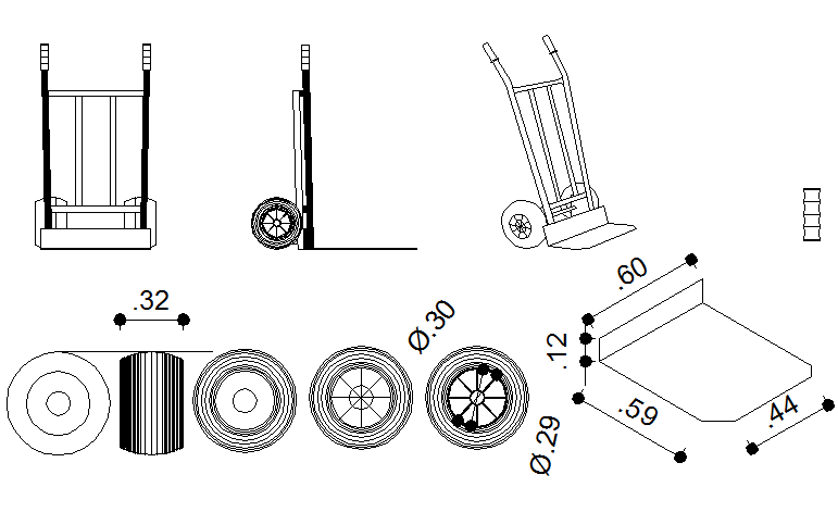 Different shape wheel barrow detail dwg file