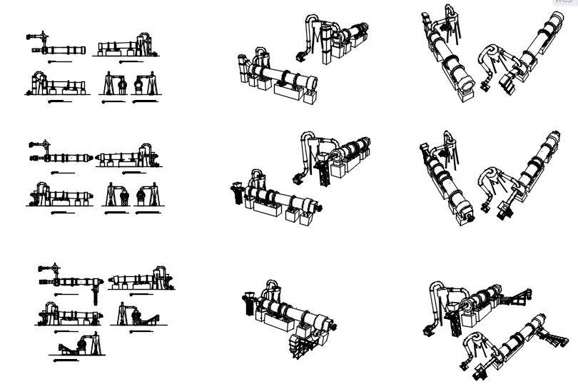 Different angle views of incinerator machine design in AutoCAD 2D drawing, CAD file, dwg file