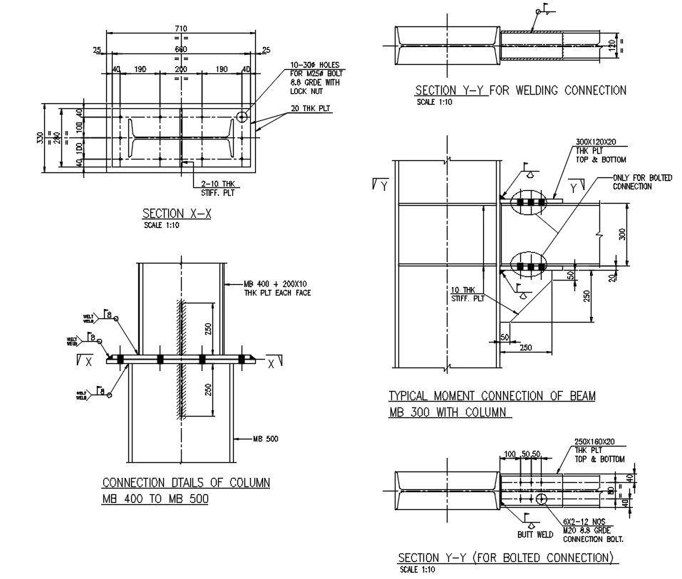 Different connections details of column design sections in AutoCAD 2D drawing, CAD file, dwg file