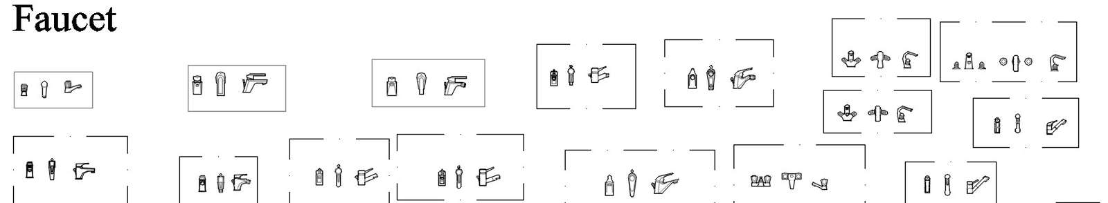 Different designs of faucet blocks in AutoCAD 2D drawing, CAD file, dwg file