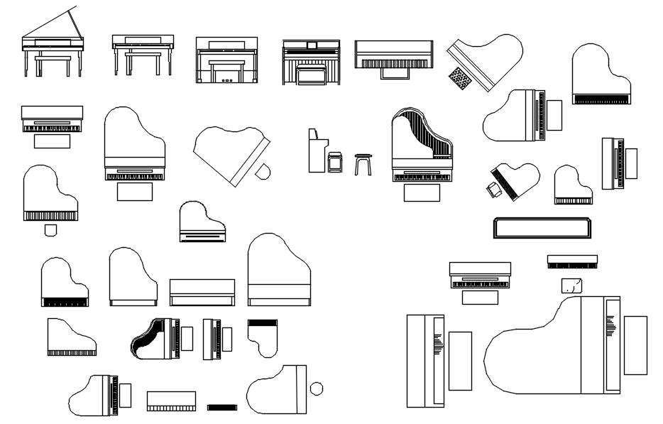 Different designs of piano CAD blocks in AutoCAD 2D drawing, CAD file, dwg file