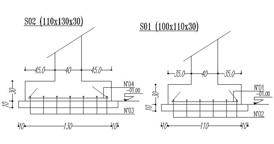 Different footing design with reinforcement details in AutoCAD 2D drawing, CAD file, dwg file