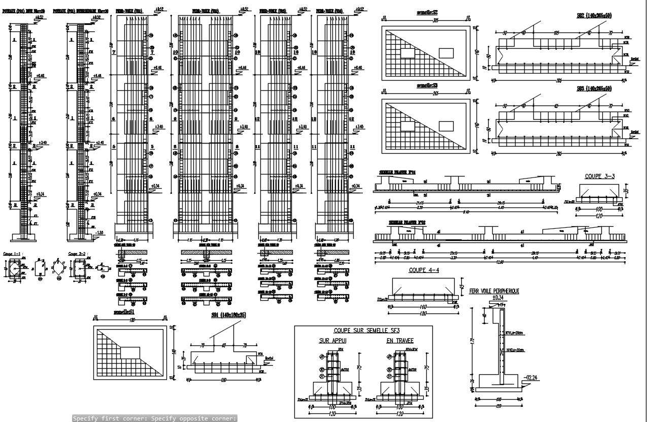 Different foundation structures, wall and pillars design with reinforcement details design in AutoCAD 2D drawing, CAD file, dwg file