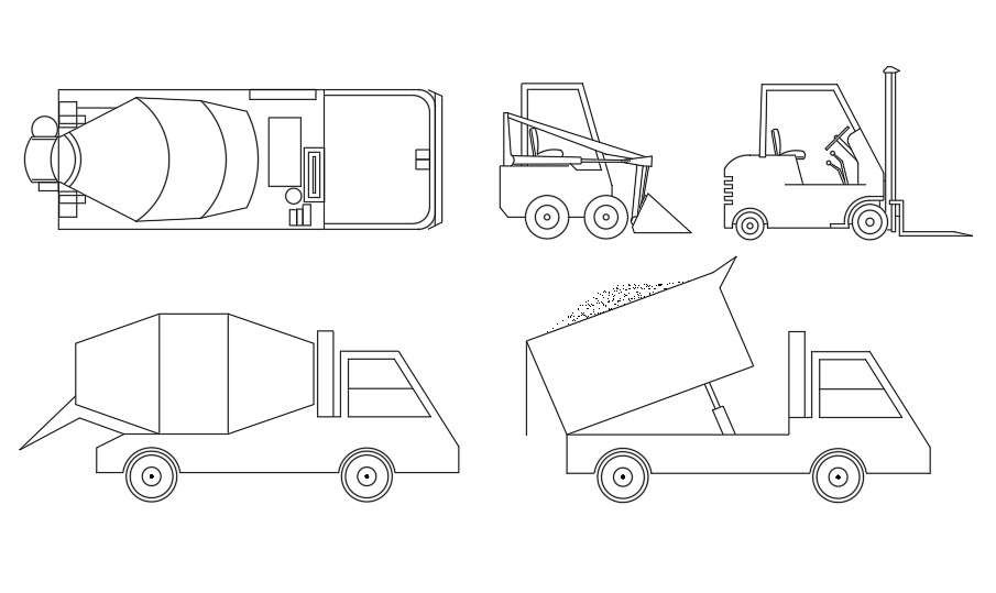 Different types of construction vehicles 2d design block Autocad drawing. Download the AutoCAD drawing file. 