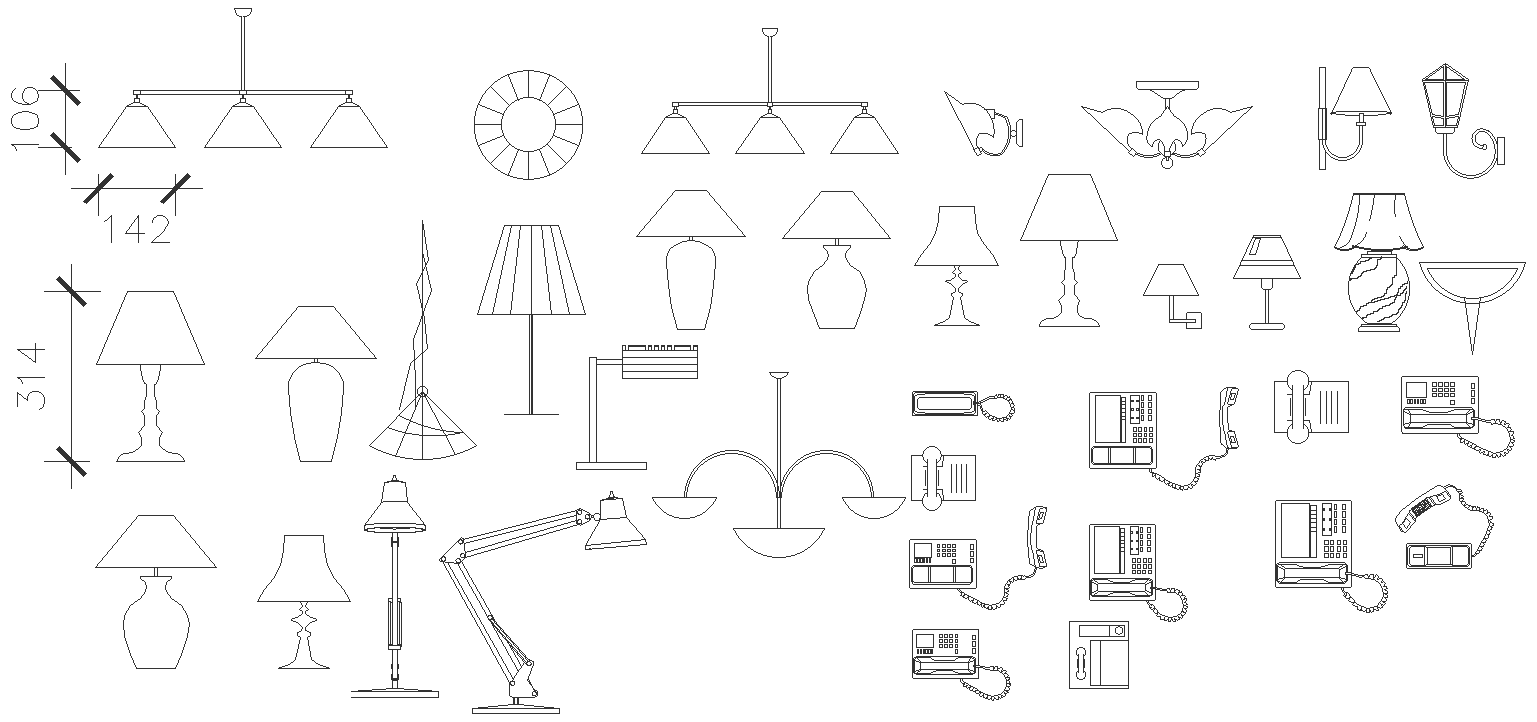 Different types of lamps and telephone elevation and side elevation details dwg autocad drawing .