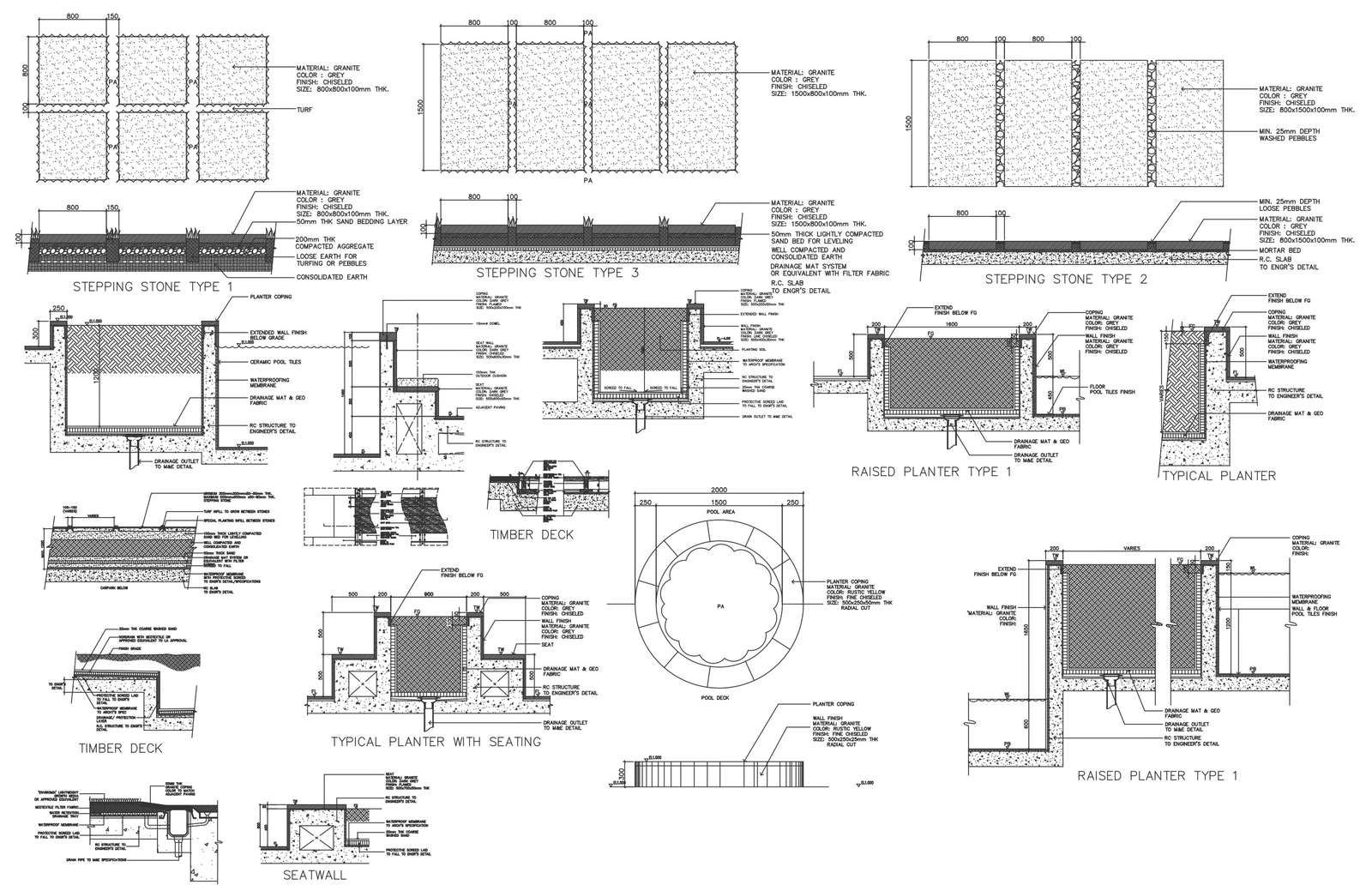 Different types of stepping stone and section detail planter and timber dick details DWG autoCAD drawing