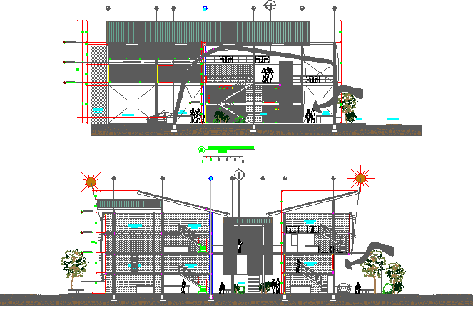 Distribution commercial plant front and back sectional view details dwg file