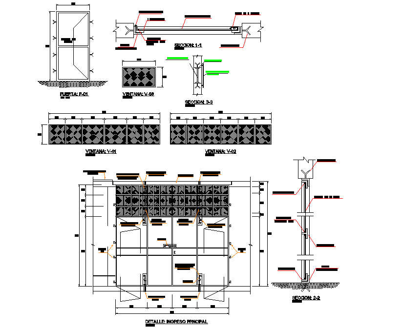 Door elevation and section plan detail dwg file
