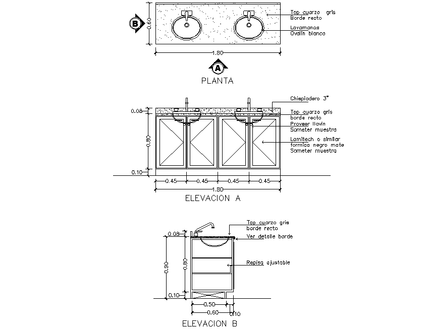 Double sink plan and elevation autocad file