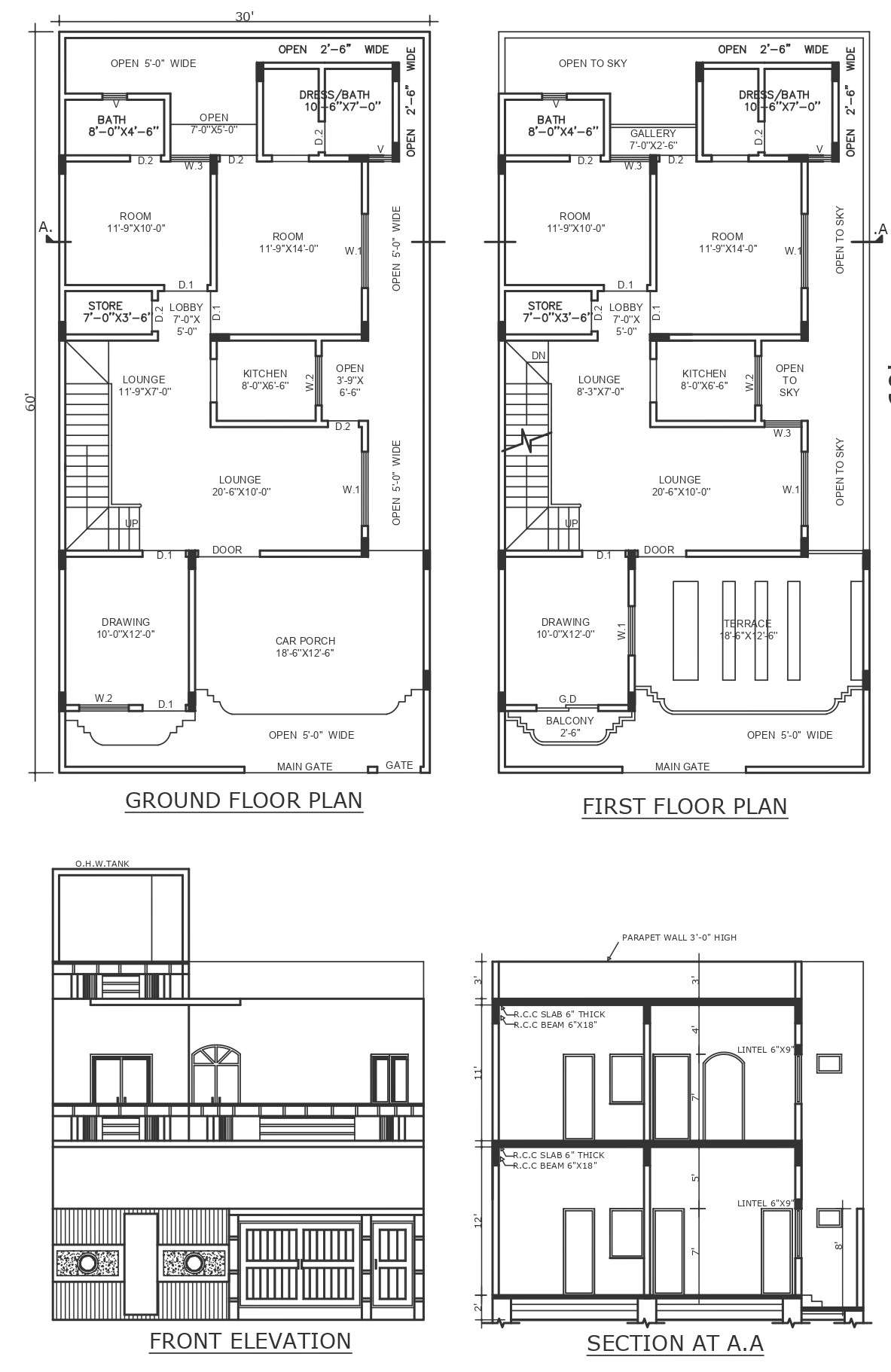 Double storey 4bhk house design on plot size of 30ft X 60ft detailed plan section and elevation DWG autoCAD 